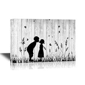 Black and White Canvas Wall Art - Childhood Memory Little Friends Kissing on Wood Style Background - Gallery Wrap Modern Home Art | Ready to Hang - 12x18 inches