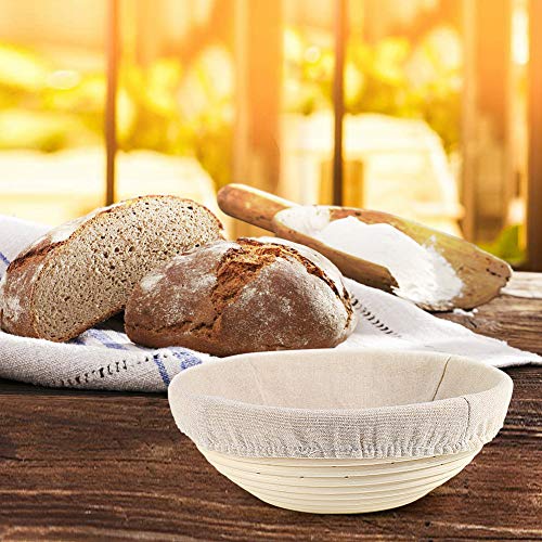 VOLADOR 9 inch Bread Proofing Banneton, Round Dough Bowl Proving Rattan Baskets for Sourdough with Linen Liner & Scraper & Razor Blades & Stencils