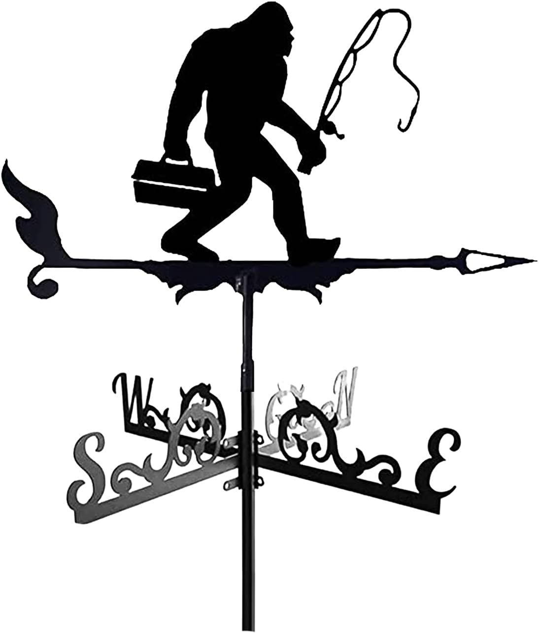 Weathervanes - CNMJI Weathervane Bigfoot Fishing Weathercock Stainless Steel Weather Vane Windblown Direction Indicator for Outdoor Roof Farm Yard Mount Yard Decor