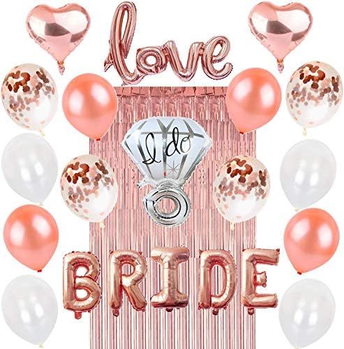 Rose Gold Bachelorette Party Decorations: Bridal Shower Hen Night Kit BRIDE Foil Balloon, 1 Love Silver Diamond Ring, 2 Heart, 12 Latex White Confetti, Metallic Tinsel Fringe Curtain, Wedding Supplies