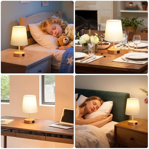 PreeOtti Bedside Lamp Touch Dimmable Table Lamp with USB A+C Charging Function | Lampshade in linen colour, small lamp for bedside table, living room, bedroom, children's room, office, bulb included