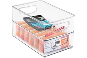 mDesign Small Plastic Office Storage Container Bins w/Handles for Organization in Filing Cabinet, Closet Shelf, Desk Drawers, Organizer for Notes, Pens, Pencils - Ligne Collection, 2 Pack - Clear