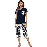 iChunhua Comfy Lounge Sets for Women Short Sleeve V-Neck Tops and Floral Print Wide Leg Pants Loose Capri Pajama Set