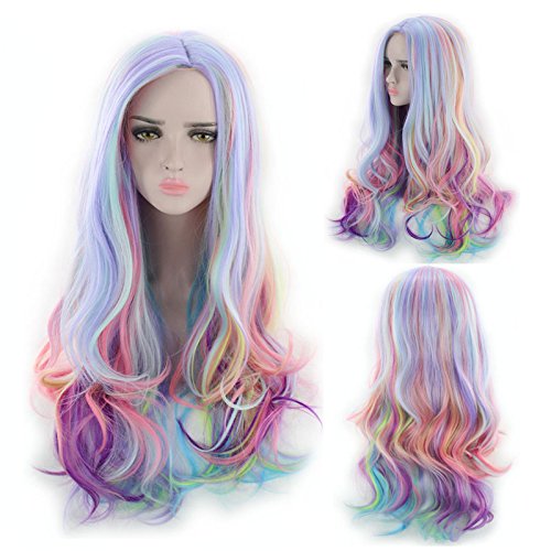 ATAYOU Long Curly Rainbow Hair Wigs Multi-Colored Long Wave Cosplay Wig For Women Halloween Karneval Wig + Wig Cap (Colorfull)