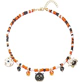 ChungLong0593 Halloween Colorful Beaded Choker Necklace for Women Cute Pumkin Ghost Skull Black Cat Pendant Double Layered Beads Necklace Halloween Theme Jewelry Gift
