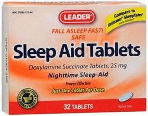 Leader Sleep Aid-DOXYLAMINE SUCCINATE-25mg Tablets 32 Ct (2 Pack)