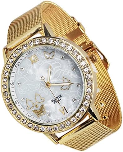 Fashion Women's Golden Color Shinning Butterfly Face Style Mesh Band Quartz Analog Wrist Watch