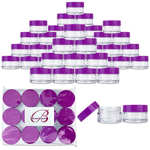 Beauticom 48 Pieces 20G/20ML Round Clear Jars with PURPLE Lids for Lotion, Creams, Toners, Lip Balms, Cosmetic Makeup Samples - BPA Free