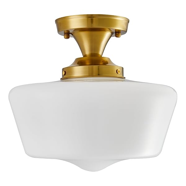 YOUNGRENDER SCHOOLHOUSE LIGHT FIXTURE MODERN GOLD CEILING LIGHT,SEMI FLUSH MOUNT CEILING LIGHT,12”WIDE OPAL MILK GLASS SHADE,BRASS VINTAGE LIGHT FOR FARMHOUSE BEDROOM KITCHEN HALLWAY ENTRYWAY