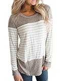 Vemvan Womens Long Sleeve Round Neck T Shirts Color Block Striped Casual Blouses Tops