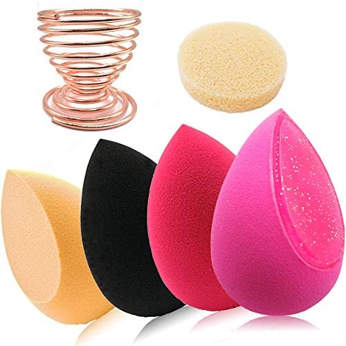 Makeup Beauty Sponges Blender 6Pcs Set with 4 pieces Latex Free Egg Shaped Blender and 1 Facial Cleansing Sponge and 1 Blender Holder for Flawless Coverage Creams and Powders