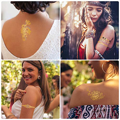 Temporärer Tattoo Hiroumer Flash Tattoos für Festival, Aufkleber Wasserdicht Metallic Sillber Tattoo 10 Stück Gesicht Tattoos Sticker für Damen Kinder Frauen für Party Festival Shows