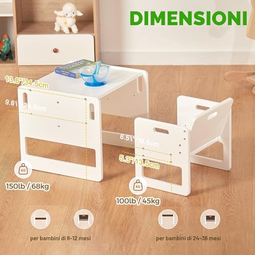 FUNLIO Montessori Table and Chair Set for Children 1-3 Years, Height Adjustable, Ideal for Reading/Eating/Playing, Easy Assembly, CPC Certified – White