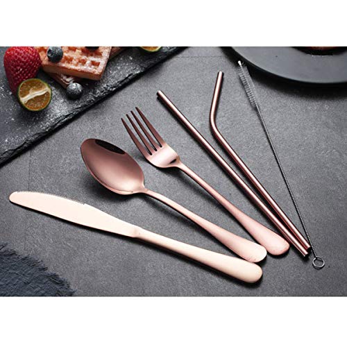 Rose gold Travel flatware set with Case Stainless Steel silverware Tableware Set,Include Knife/Fork/Spoon/Straw (Portable Rose gold)