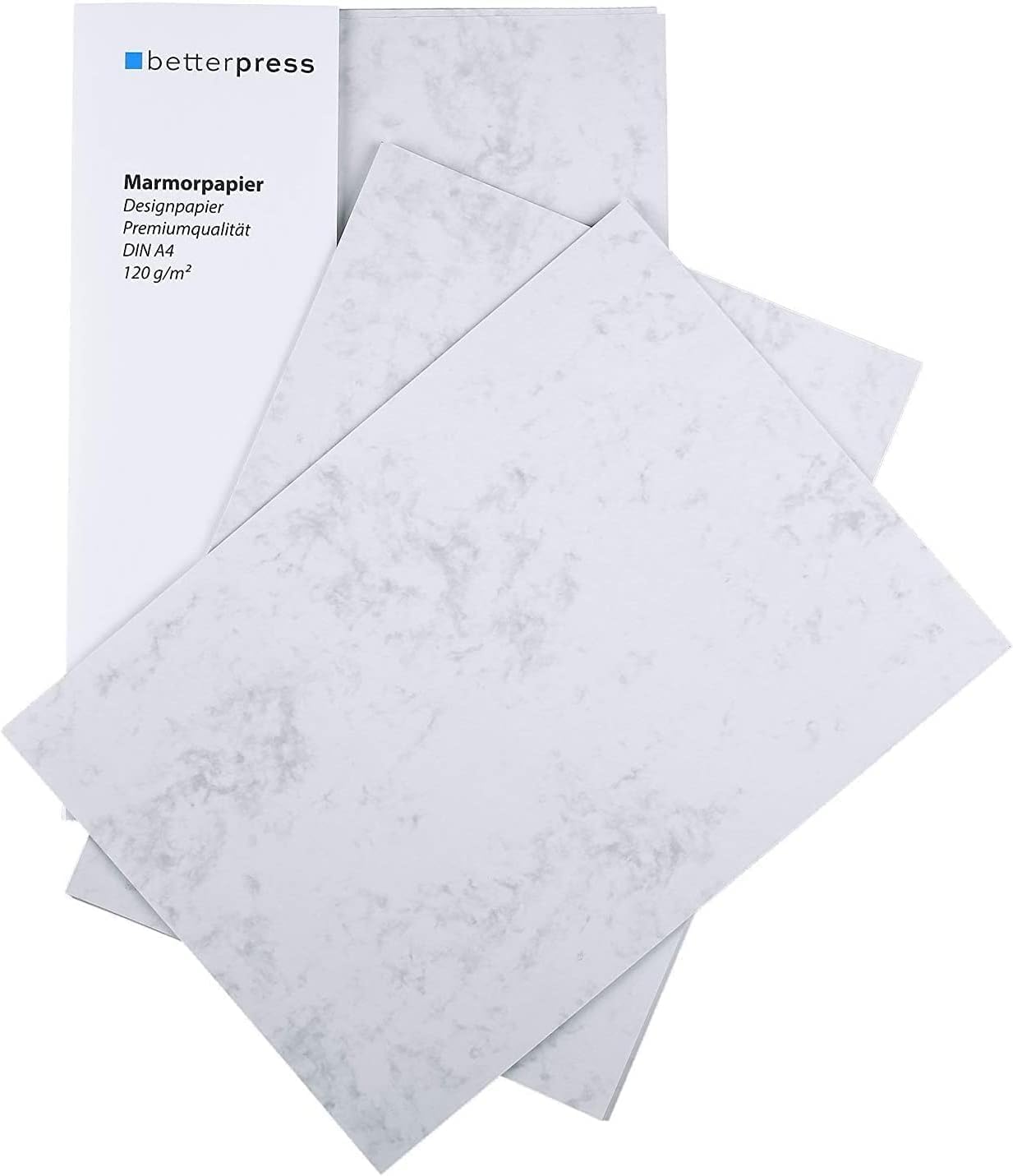 Betterpress 100 Sheets of Writing Paper Marble Paper Grey 120 g, A4 - Double-Sided Marbled Paper in High Quality - Premium Ideal as a Menu, Certificate, Church Book and Certificate