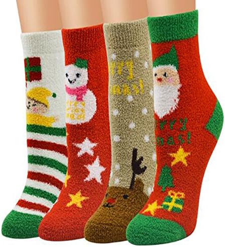 Roundeel Winter 4 Pairs Unisex Christmas Holiday Cozy Fuzzy Crew Casual Slipper Socks