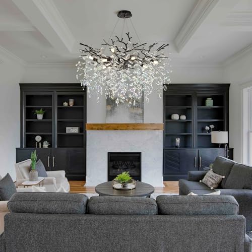 PIOUTNF Modern Crystal Chandelier, Dining Table Chandeliers, Tree Branch Chandelier Adjustable Height for Dining Room, Living Room, High Ceiling, Kitchen Island, Foyer, Black