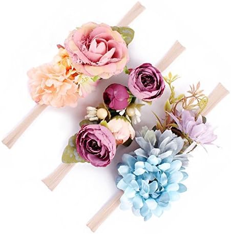 Flower Baby and Newborn Girls Headband Floral Crown Photo Props - Soft Elastic Design Set of 3 (C)