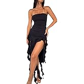 Wcuvbv Birthday Dress for Women Y2K Sexy Strapless Bodycon Tube Dress with Ruffle Tassel for Club Party Vacation