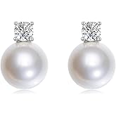 Mameloly Pearl Earrings for Women Dainty 925 Sterling Silver Cubic Zirconia CZ 10MM Simulated White Pearl Stud Drop Engagement Wedding Birdal Earrings Hypoallergenic