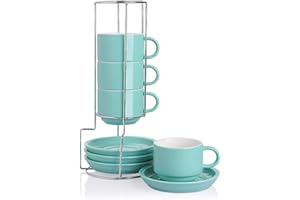 Sweejar Porcelain Cappuccino Cups with Saucers and Metal Stand, 8 Ounce Stackable Espresso Cups for Specialty Coffee Drinks, 