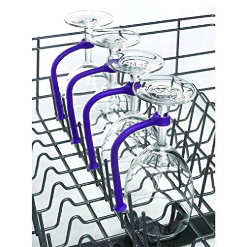 Wine GlassTether Stemware Saver Holder - Flexible Dishwasher Attachment (Purple, 4)