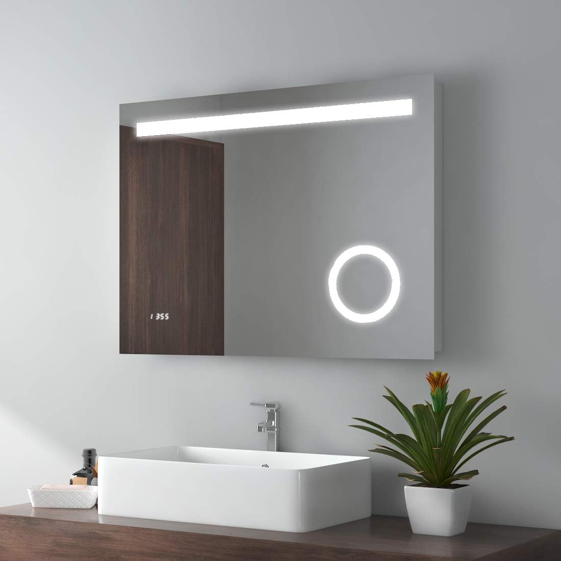 Meykoe 32 x 24 inches LED 3X Magnifying Makeup Vanity Bathroom Mirror Wall Mounted with Sensor Switch Time Clock 6500K Cool White