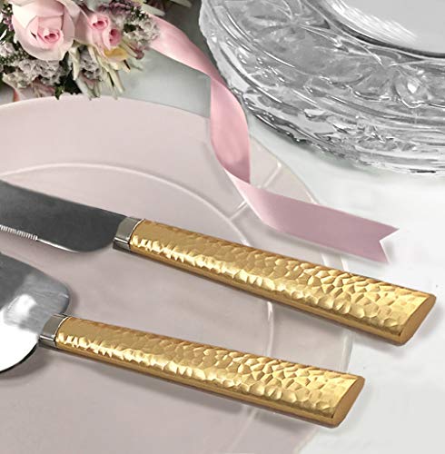 Personalized Engraved Customized Wedding Cake and Knife Server Set, Hammered Metal Cake Cutter with Knife, Gold