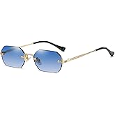 FLJMRAVER Rimless Rectangle Sunglasses Men Women Metal Small Gold Polygon Blue Shades UV400 Frameless Sun Glasses
