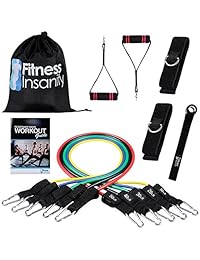 Set de banda de resistencia   Incluyen 5 bandas de ejercicios apilable con funda impermeable, anclaje para puerta, correas para tobillo y guía de libros (español no garantizado).