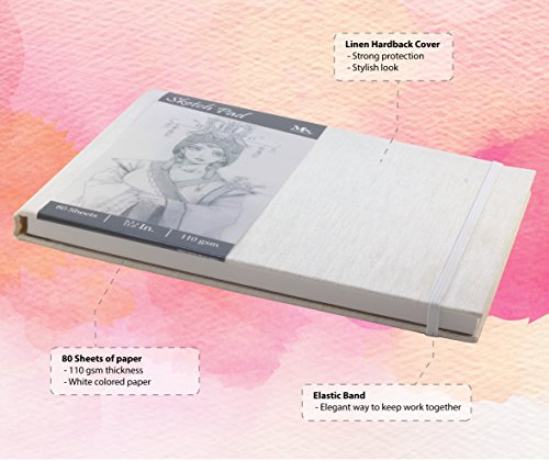 Sketch Pad - Size 8.5 x 11.0 inches - 80 sheets Sketch Papers - Linen bound hardback - Ideal for Drawing, Sketching, Journaling - MozArt Supplies