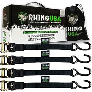 Image of RHINO USA Ratchet Straps (4PK) - 1,823lb Guaranteed Max Break Strength, Includes (4) Premium 1in x 15ft Rachet Tie Downs with Padded Handles. Best for Moving, Securing Cargo (BLACK)