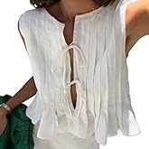 Linen Bow Tie Front Tank Top Women Coquette Pleated Peplum Blouse Y2K Babydoll Ruffle Shirt Sleeveless Tunic Outfits