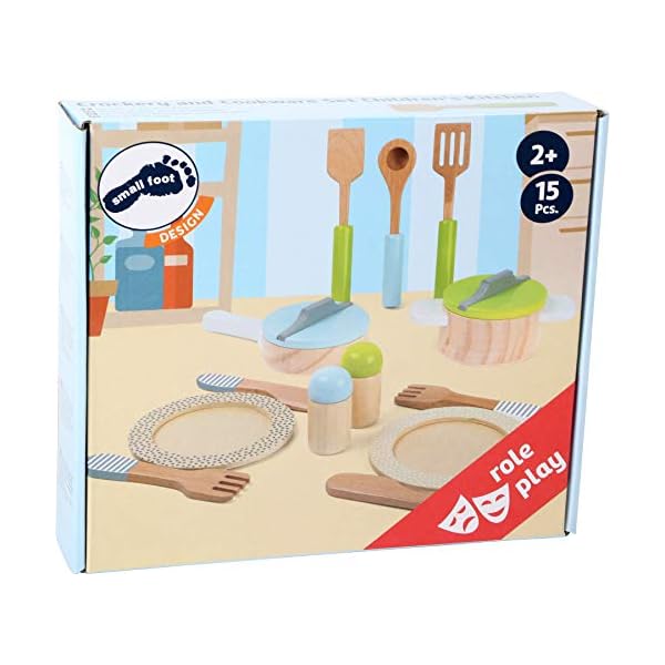 Small Foot Geschirr-und Topfset Kinderküche aus Holz, perfekte Ergänzung zu jeder Spielküche, 15-teilig, 11098, Grün Grau – Bild 5
