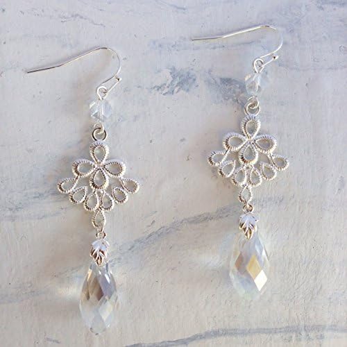 Long Silver Plated Chandelier Lace Earrings with Dangling Teardrop Crystals