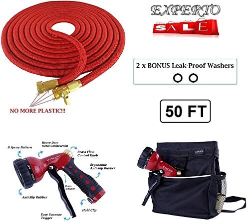 (50ft, Red) Expandable Garden Hose 3 in 1 KIT - Expanding Hose + Heavy Duty 8 Pattern Metal Watering Nozzle Spray Front Trigger + Hose Storage Bag