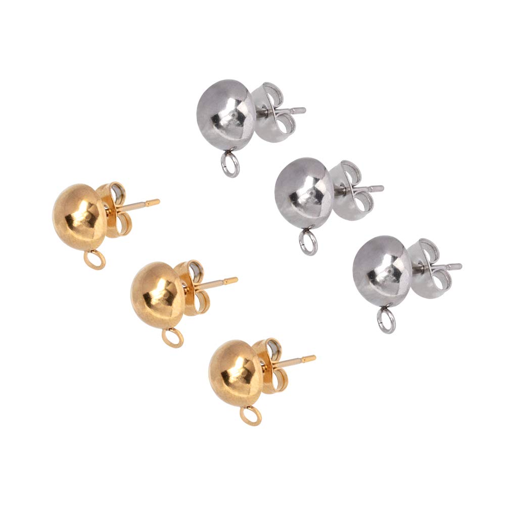 UNICRAFTALE 40pcs(20pairs) Stainless Steel Stud Earring Findings, Half Round Earrings with Loop(pin 0.8mm), Golden & Stainless Steel Color Earring Studs for Jewelry Making Findings hole 1.8mm