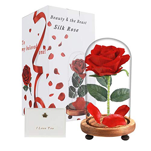 Beauty and The Beast Rose, Enchanted Red Silk Rose and LED Light with Fallen Petals in Glass Dome on a Wooden Base, Gift for Her - Holiday Birthday Party Wedding Anniversary Valentine\'s Day