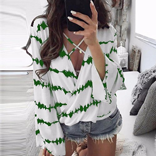 Vovotrade Women's Fashion Loose Long Sleeve Printed Tops Chiffon Casual V-Neck Blouse T Shirts (S, Green)