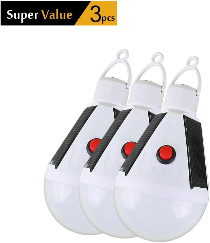 Portable Solar Power LED Bulb Indoor Outdoor Rechargeable Emergency Lights Waterproof Hanging Camping Lamp (3pcs Red Button)