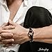 Mens Bracelets Black Leather Bracelet Braided Genuine Leather Bracelet with Stainless Steel Wristband Cuff Bracelet, 7.5-8.7 inch