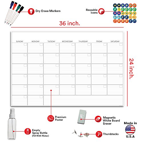 Large Dry Erase Wall Calendar - 24" x 36" - 2019 Jumbo Monthly Organizer Planner - Erasable Oversized Giant Planner for Home Office Business Classroom Dorm Room - Reusable Undated Week Planner