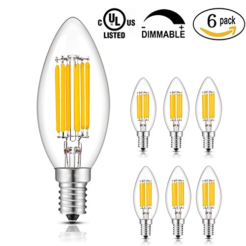 Led Candelabra Bulb, Goodia 6W Dimmable LED Filament Candle Light Bulb, 2700K Warm White, 60W Incandescent Replacement, E12 Candelabra Base Lamp, Clear Glass C35 Torpedo Shape Bullet Top, 6 Pack