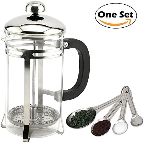French Press Coffee and Tea Maker 20 Oz (600 ml) Proper Coffee Press Brewer Pot (Stainless Steel, Heat-Resistant Glass) with Measuring Spoon Set