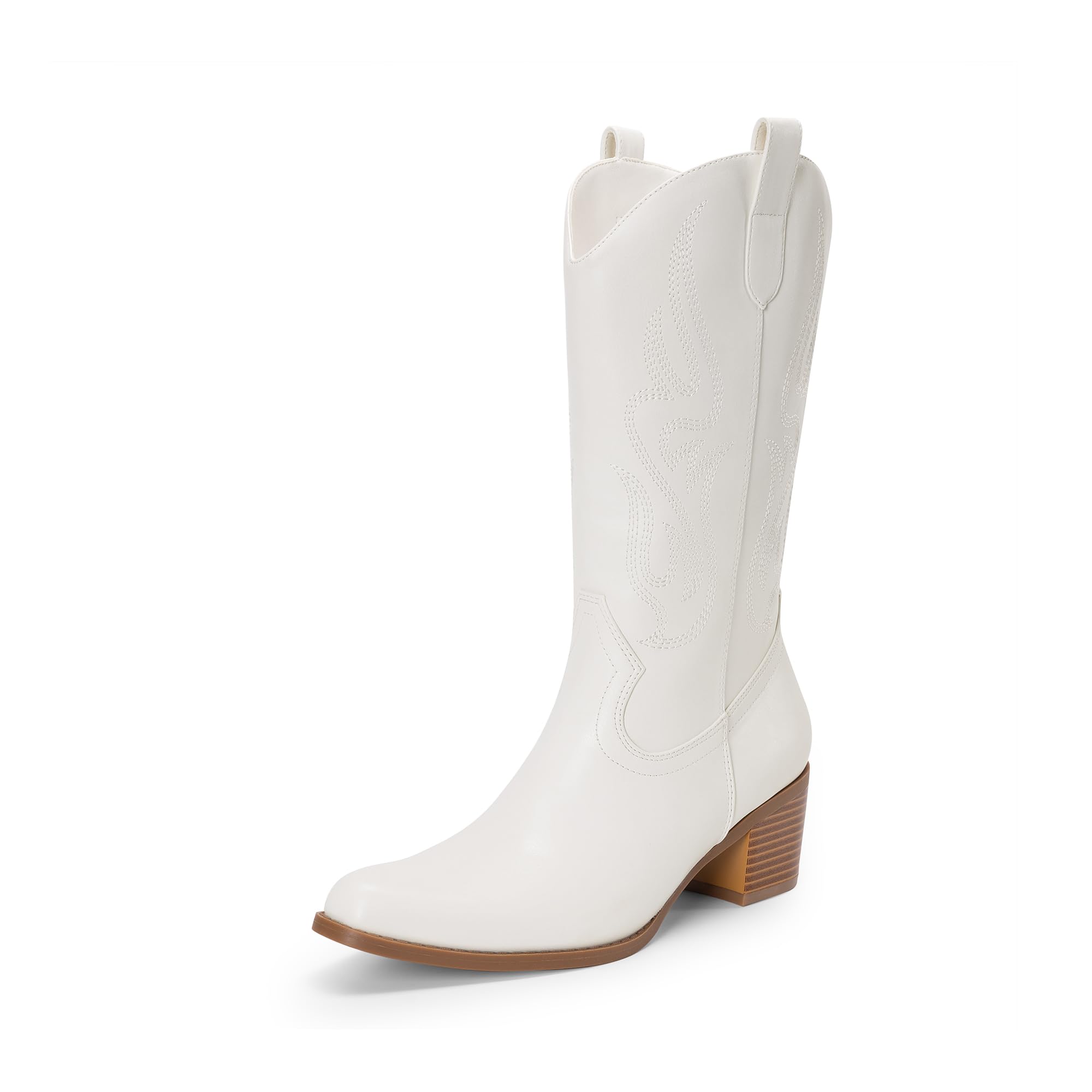 Photo 1 of DREAM PAIRS Women's Square Toe Cowboy Cowgirl Boots Embroidered Mid Calf Western Boots Fashion Dress Low Chunky Heel Boots for Theme Party Country Concert,Size 6,White-Pu,DWUMMB2502