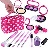 TEPSMIGO Pretend Makeup Kit with Cosmetic Bag for Girls 4-10 Year Old - Including Pink Brushes, Eye Shadows, Lipstick, Nail Polish, Mirrors, Glitter Pot, Puff Pad and More