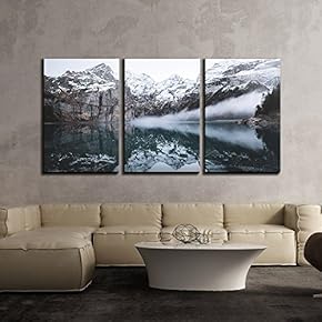 3 Piece Canvas Wall Art - Winter Landscape of Snow Mountain with Clear Reflection in The Lake - Modern Home Art Stretched and Framed Ready to Hang - 16"x24"x3 Panels
