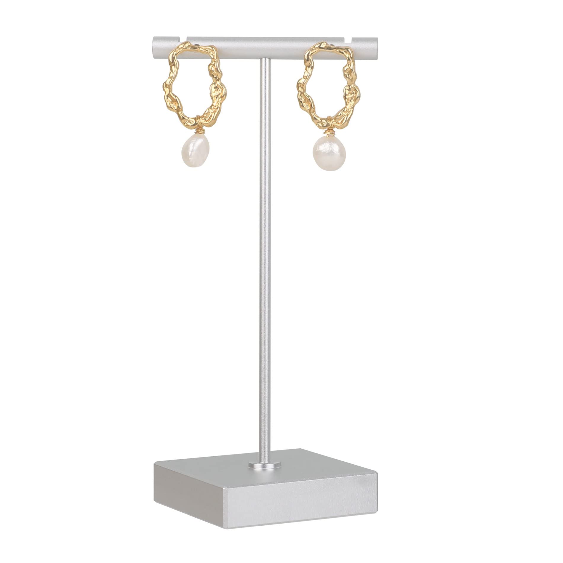 GemeShou Silver earring T Stand, Metal Earring Display stand for selling, Small Jewelry earring storage organizer, Mini earring holder for online Photography Props【Silver-Square Base】