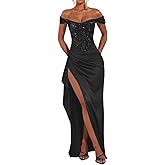 Luovihkra Women's Sparkly Sequin Off Shoulder Prom Dress 2026 High Slit Wedding Guest Dress Formal Evening Ball Gown PD006