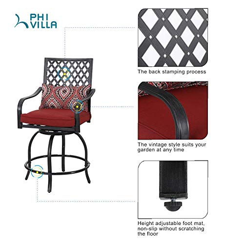 PHI VILLA Patio Stools Set of 4 with Red Cushions,Outdoor Metal Swivel